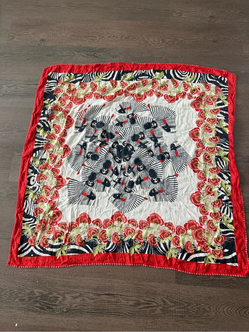 Desigual Red, Black, White Floral Fan Print Square Scarf